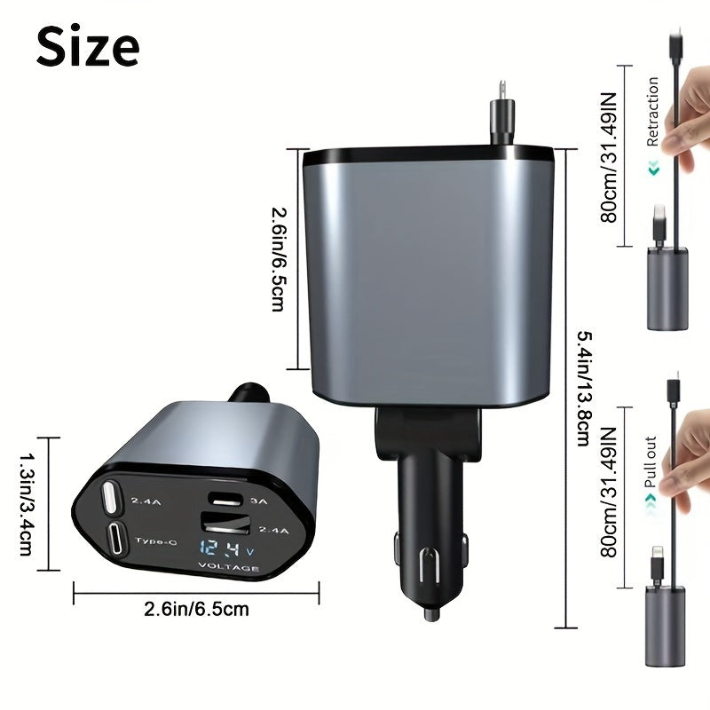 Выдвижное автомобильное зарядное устройство 4 в 1 Быстрая зарядка USB-порты для телефонов и планшетов