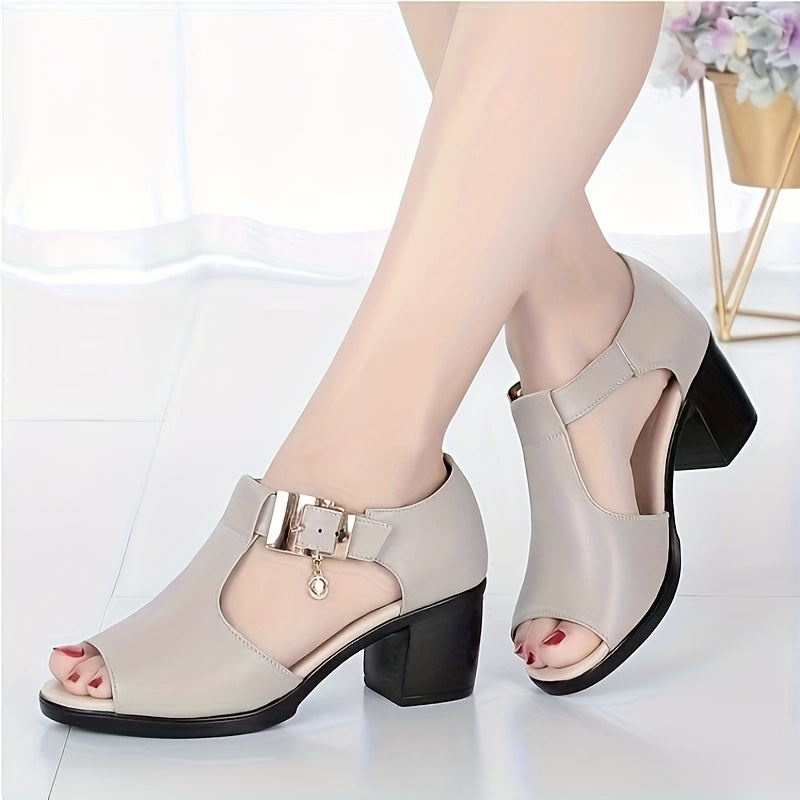 Women's Summer High Heels Gray Black Fish Mouth Open Toe Chunky Heels for Office and Party