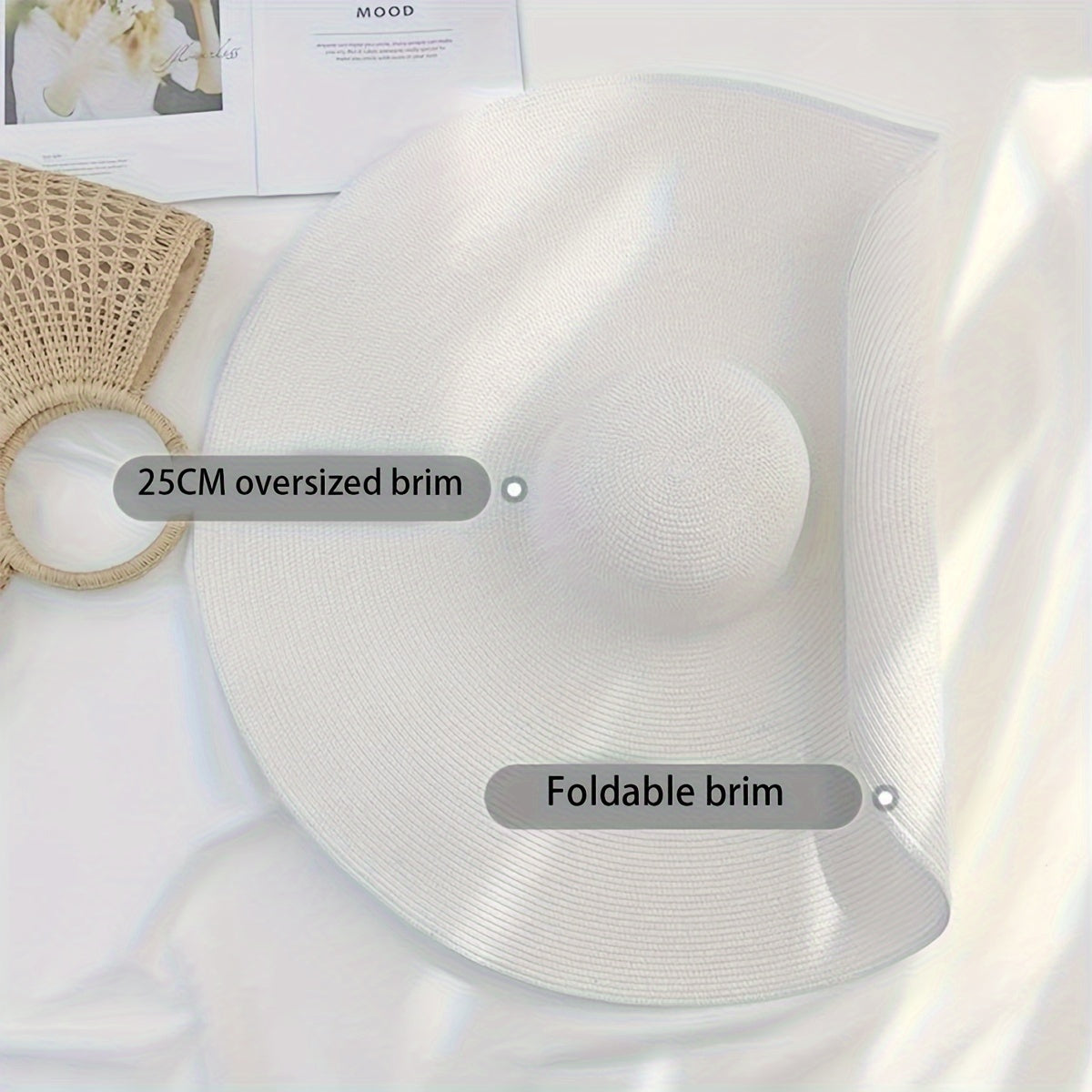 Foldable Black Straw Sun Hat with Wide Brim UV Protection for Beach Travel