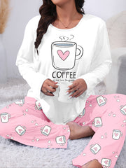 Plus Size Women's Coffee Themed Pajama Set Long Sleeve Pink Heart Coffee Cup
