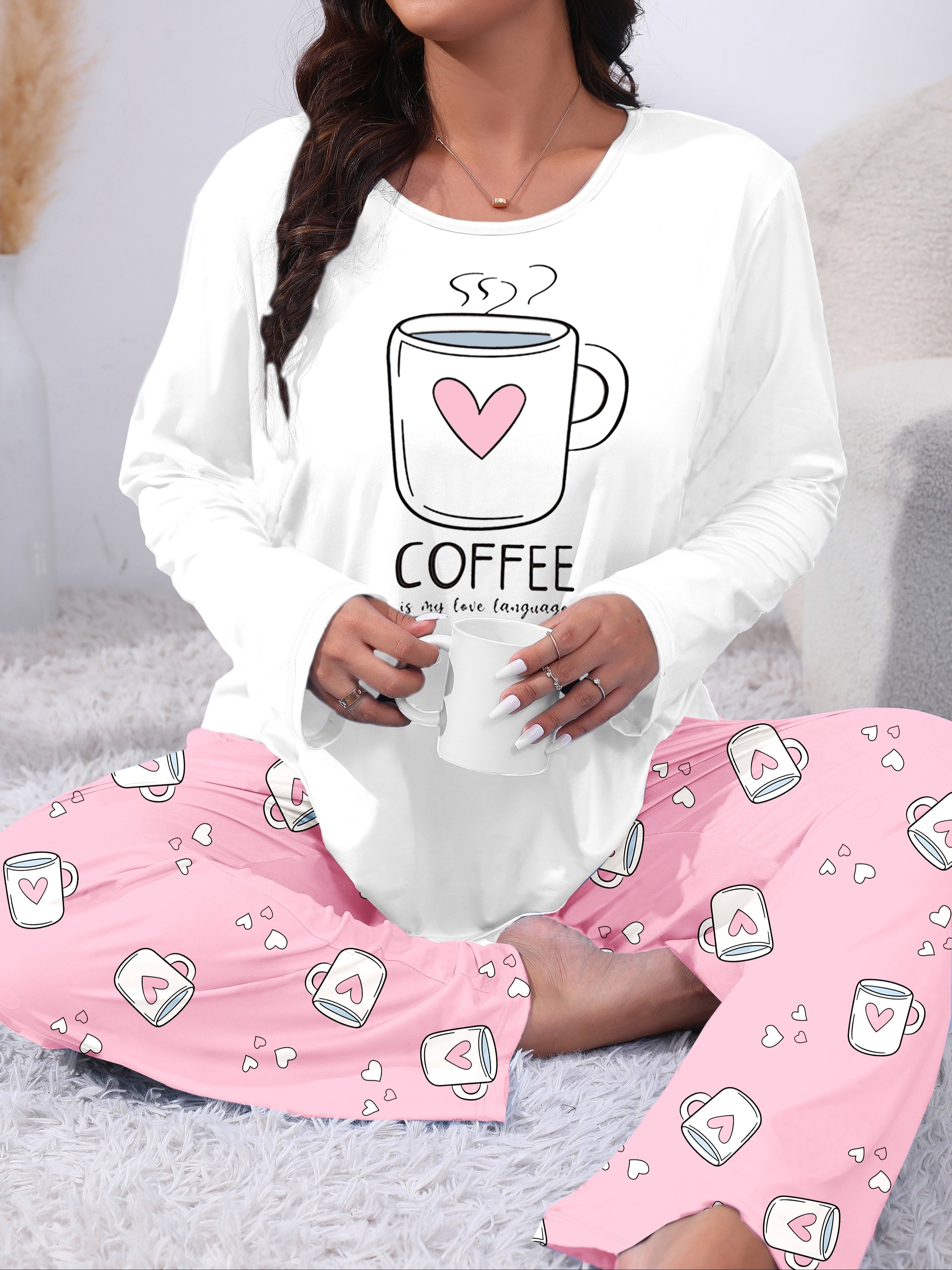 Plus Size Women's Coffee Themed Pajama Set Long Sleeve Pink Heart Coffee Cup