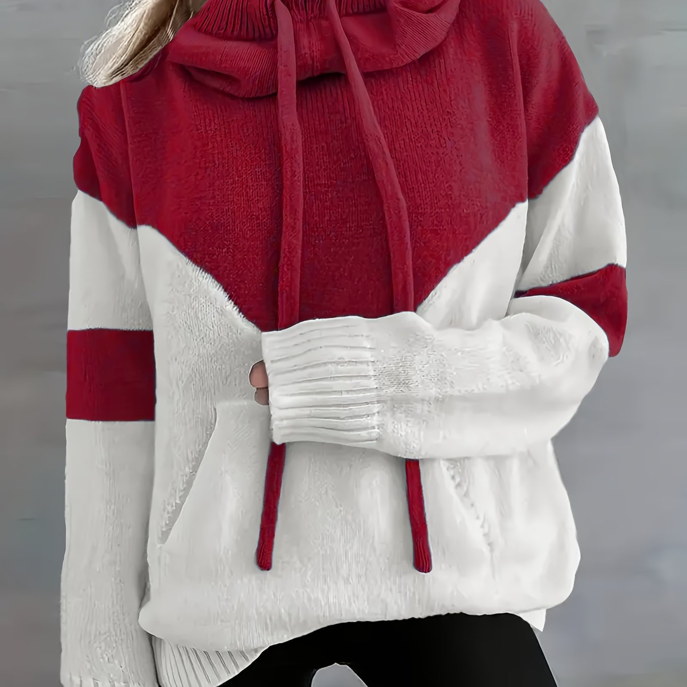 Plus Size Color Block Hooded Sweater Casual Long Sleeve Pullover