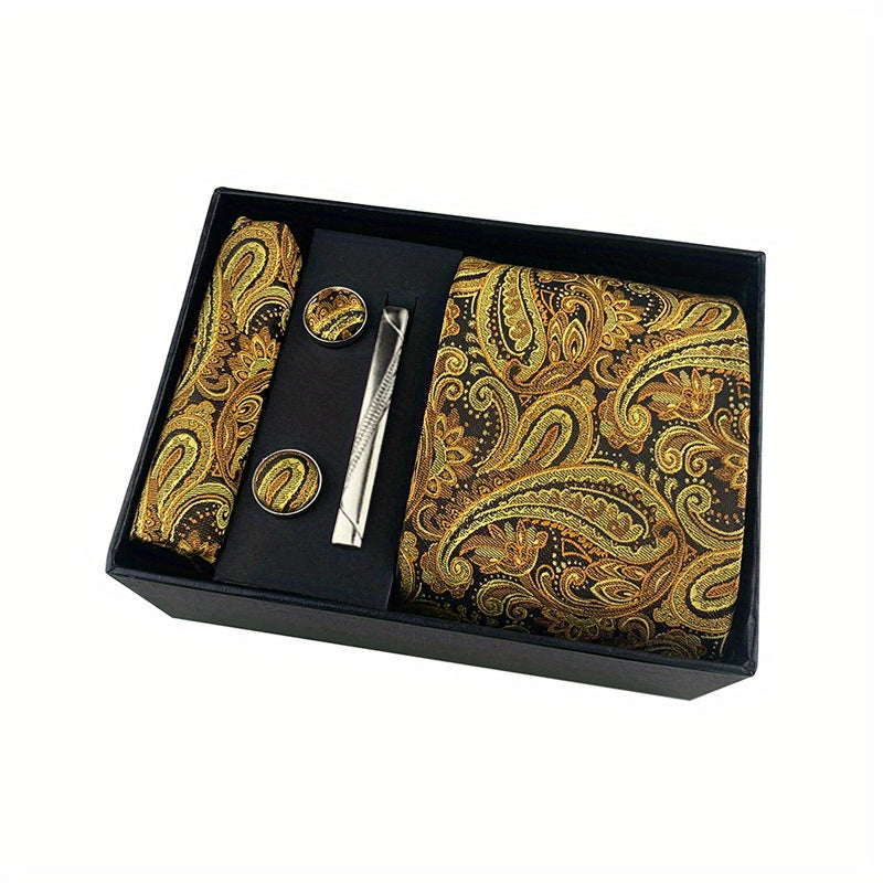 Мужской черный галстук с пейсли, комплект с квадратным шарфом, запонками и зажимом для галстука