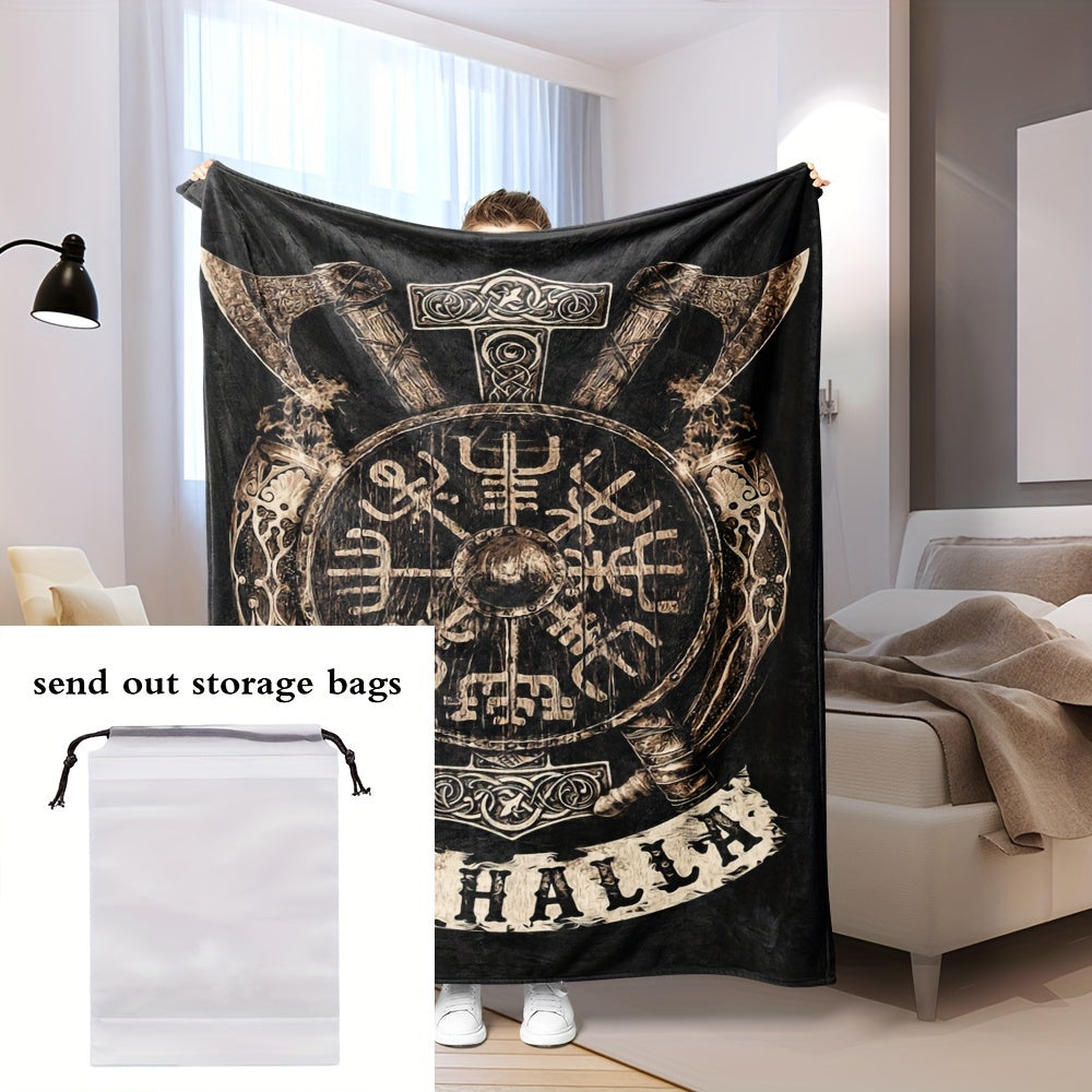 Логотип Викинга Фланелевая Плед - Современный Дизайн, Универсальный Плед из Вязаного Полиэстера на Все Сезоны, Легко Чистится, 250-300 г/м², Идеально Подходит для Кемпинга, Дивана, Кровати, Кушетки, Офиса - Готов к Подарку