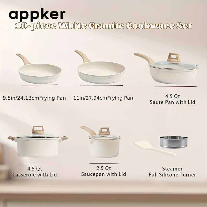 10 ta bo'lakli yopishmaydigan oq granit idishlar to'plami, qovurilgan panjara va qopqog'lar bilan