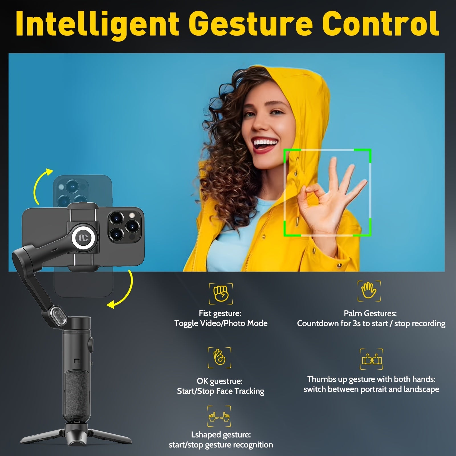 Estabilizador de gimbal para smartphone con luz LED integrada, plegable de 3 ejes para vlogging en iPhone y Android