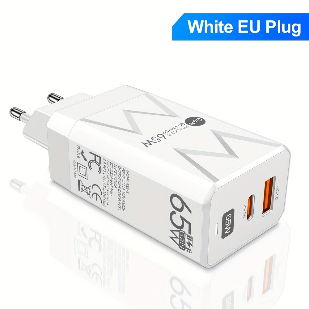65W PD and 20W USB GaN Wall Charger EU Plug Fast Charging Portable Travel Power Adapter