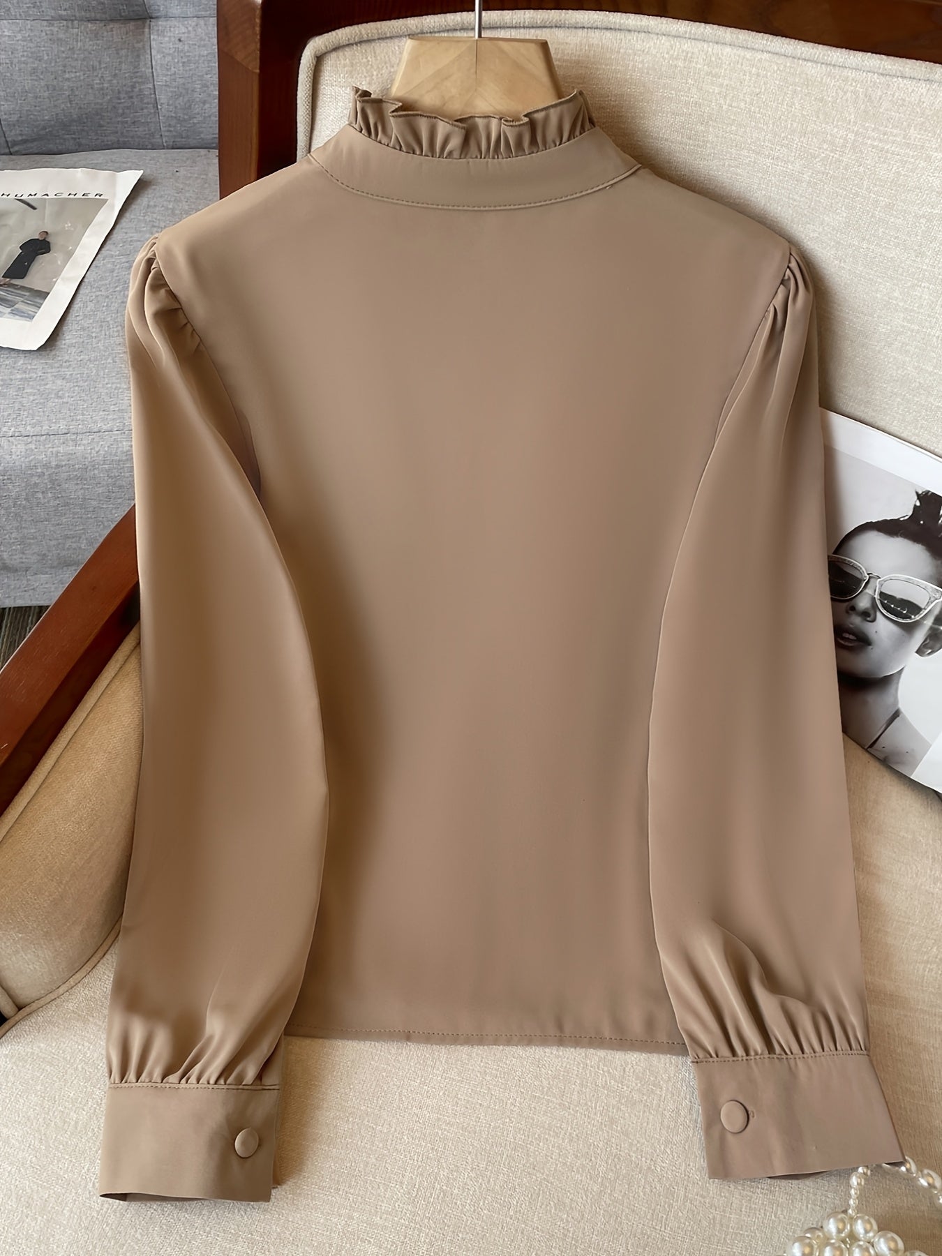 Women's Polyester Blend Blouse with Ruffle Detail and Stand Collar