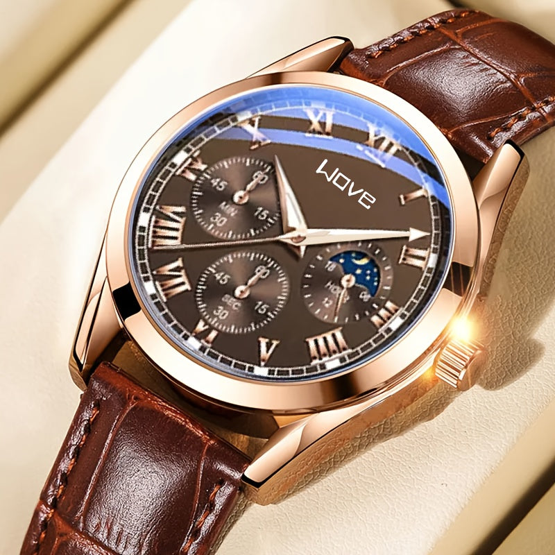 Men's Quartz Watch Business Style Round Alloy Case PU Leather Strap Non-Rechargeable Battery