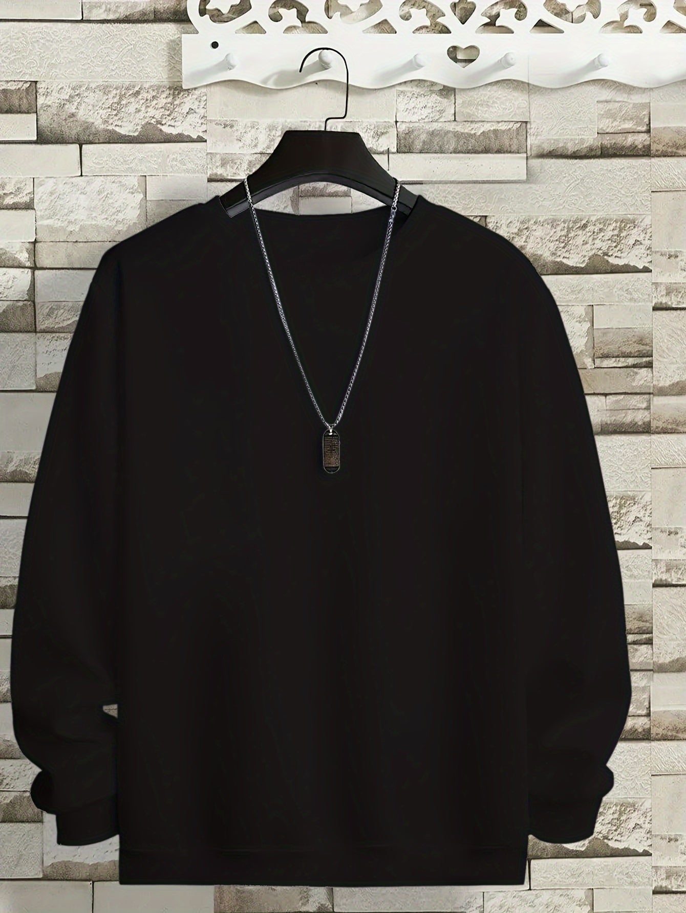 Men's Plus Size Fleece-Lined Crew Neck Sweatshirt with Hood Solid Color Stretch Fabric