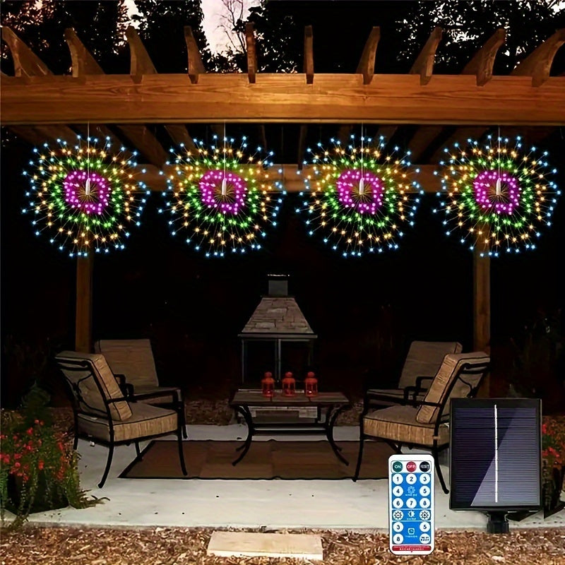 Set of Four Solar-Powered Hanging Fireworks Lights for Outdoors