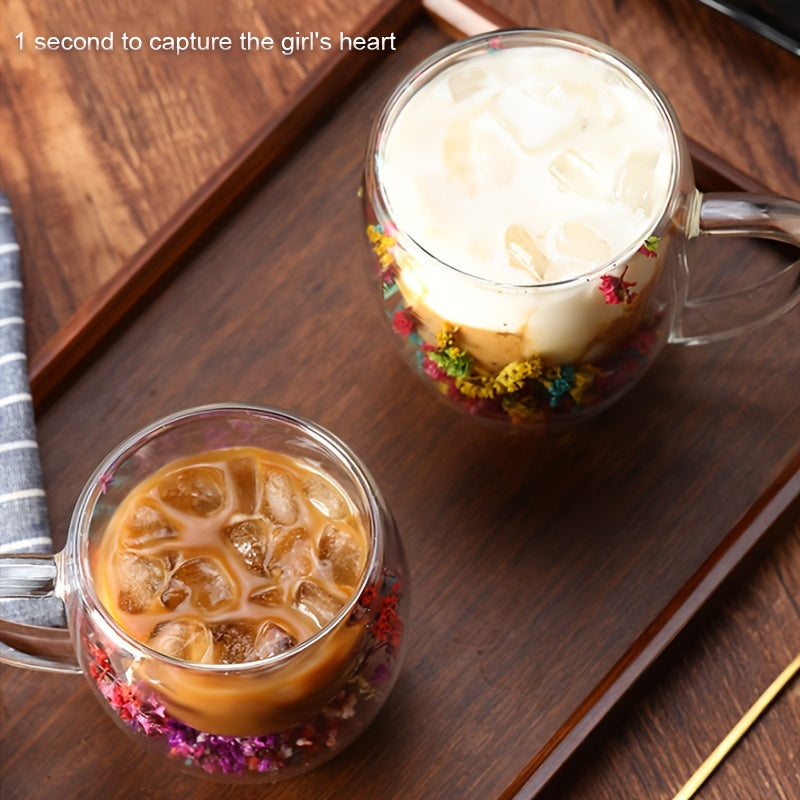 Double-Wall Glass Coffee Mug with Dry Flowers 250-350ml BPA-Free Hot Cold Drink