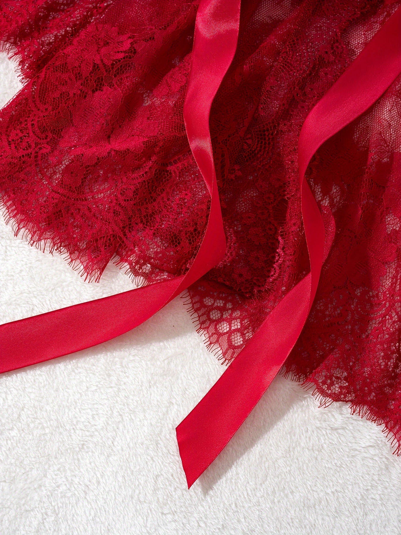 Red Lace Nightgown for Women with Tie Belt and Long Sleeves