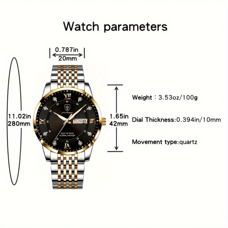 Men's Quartz Business Watch Stainless Steel Band Alloy Case Water Resistant 3ATM