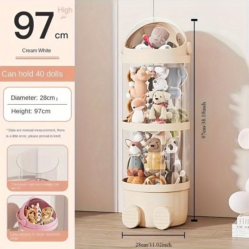 Qoplamali, dumaloq plastik qiziquvchi quti, qopqog' bilan. Yumshoq o'yinchoqlar, qiziquvchilar va turli xil buyumlar uchun ideal. Uy tashkiloti va sovg'alar uchun mukammal, shuningdek, bayram bezaklari uchun ham foydalanish mumkin.