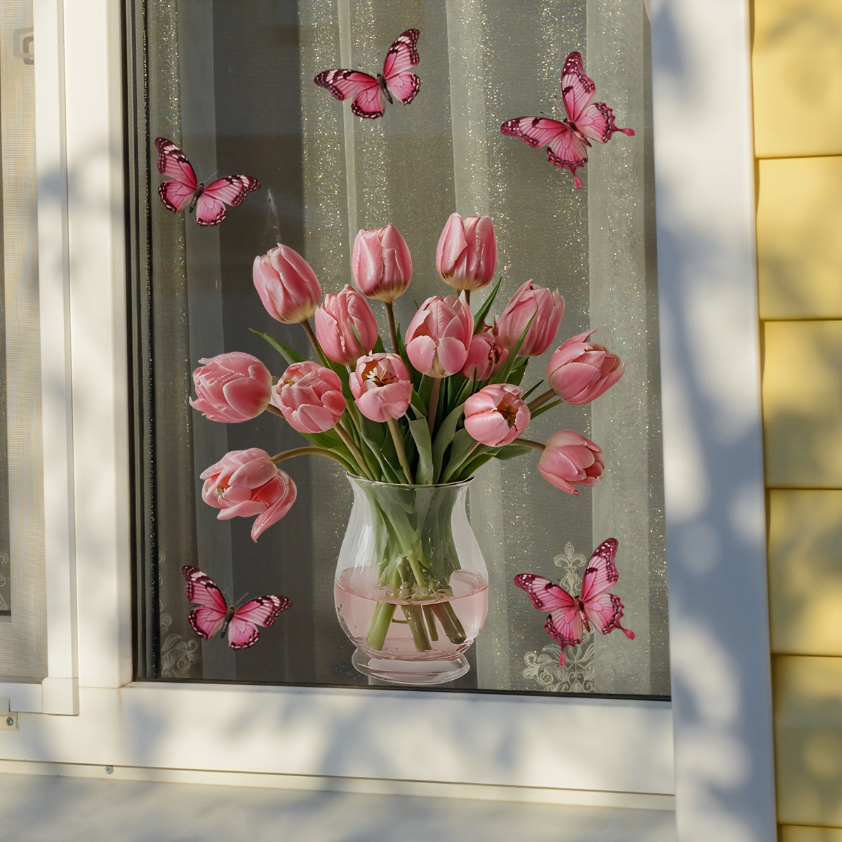 Pink Tulip Butterfly Window Stickers Floral Pattern Reusable Static Cling