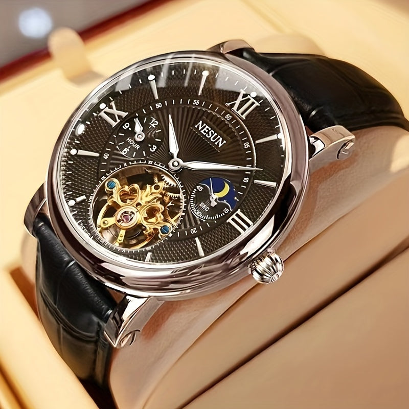 Men's Mechanical Watch Luminous Hollow Business Stainless Steel Leather Strap