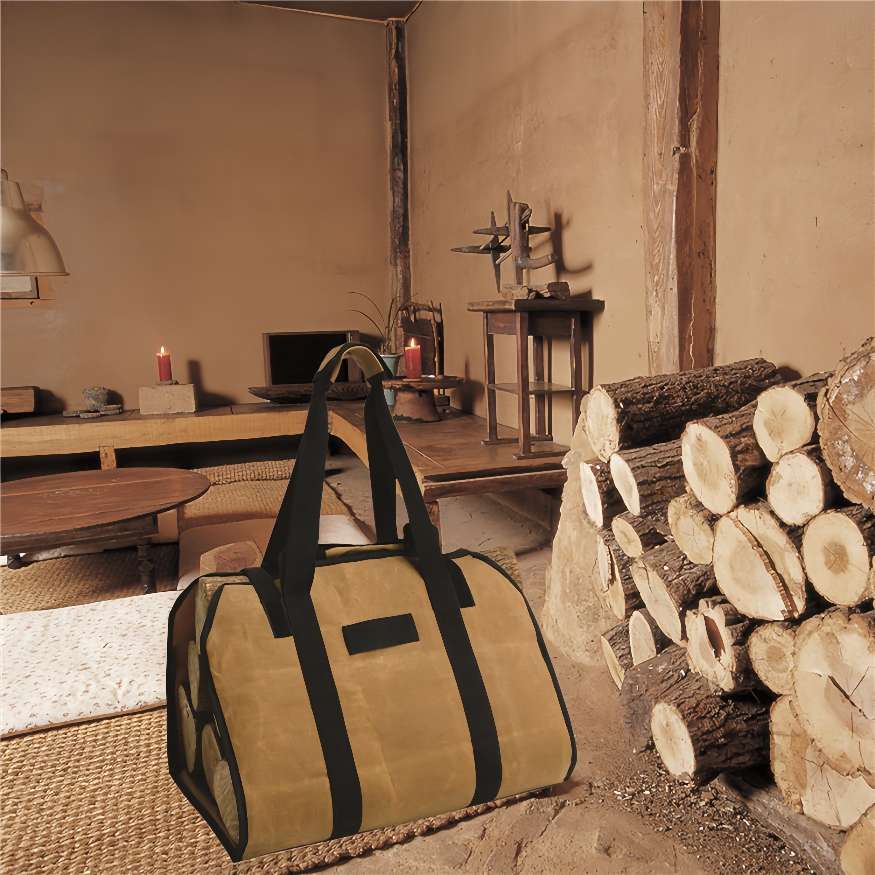 Canvas Firewood Carrier with Handle Log Tote for Firewood Storage and Transport