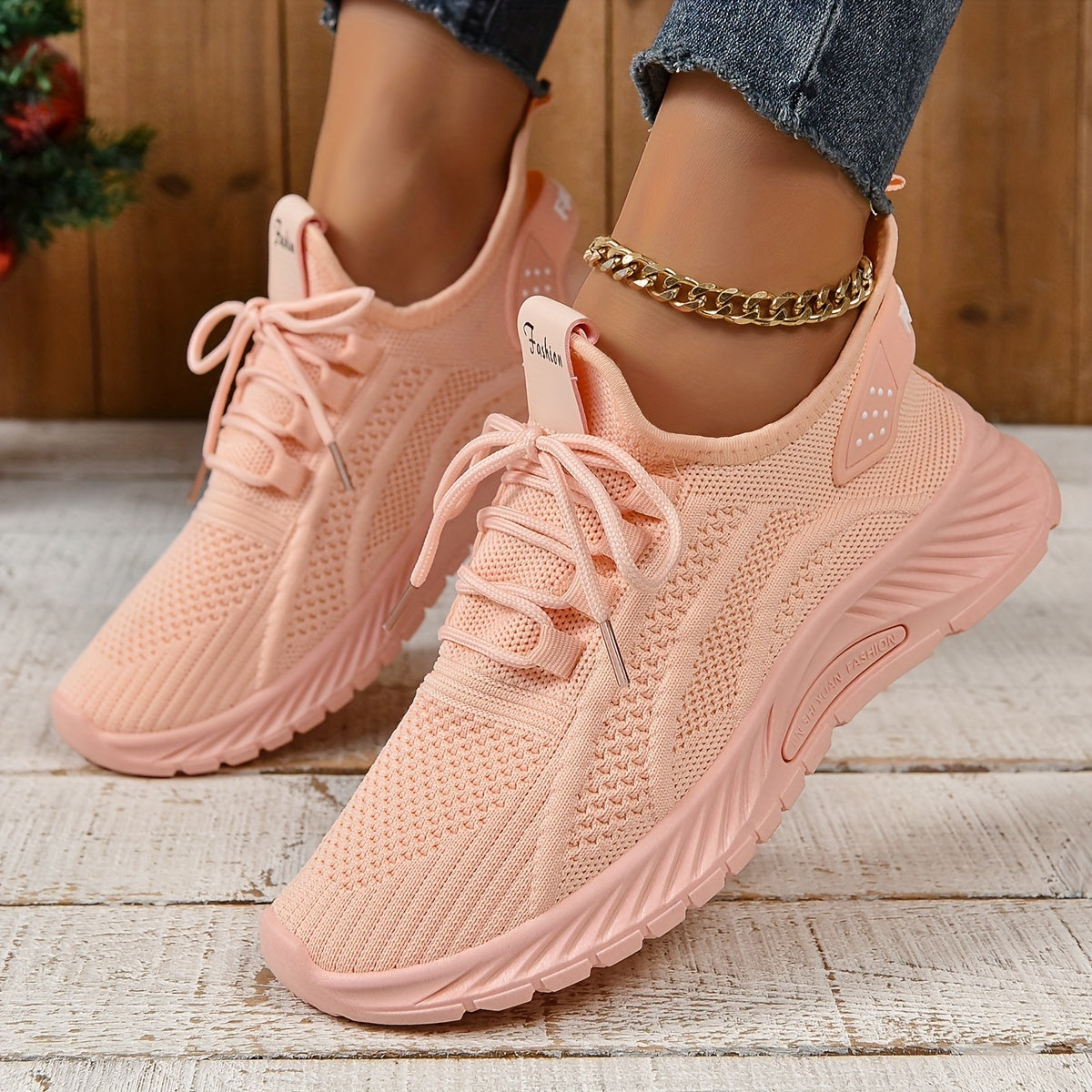 Women's White Knit Fabric Sneakers with EVA Sole and Breathable Lace-Up Design