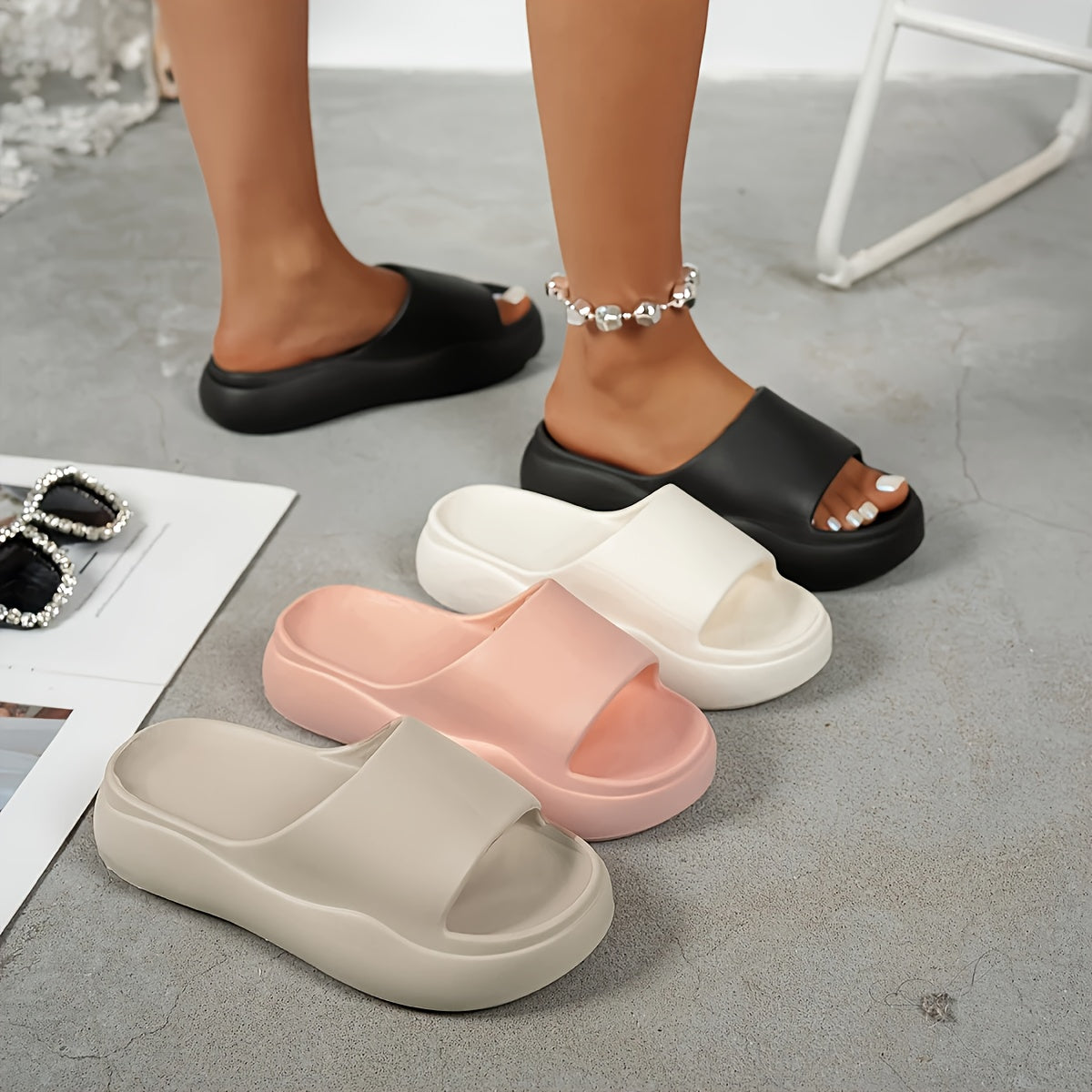 Women's EVA Slip-On Slippers with Thick Cushioned Soft Sole Indoor Outdoor White Pink