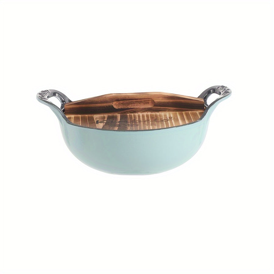 Large 47oz Enamel Cast Iron Dutch Oven with Wooden Lid Non-Stick Coating