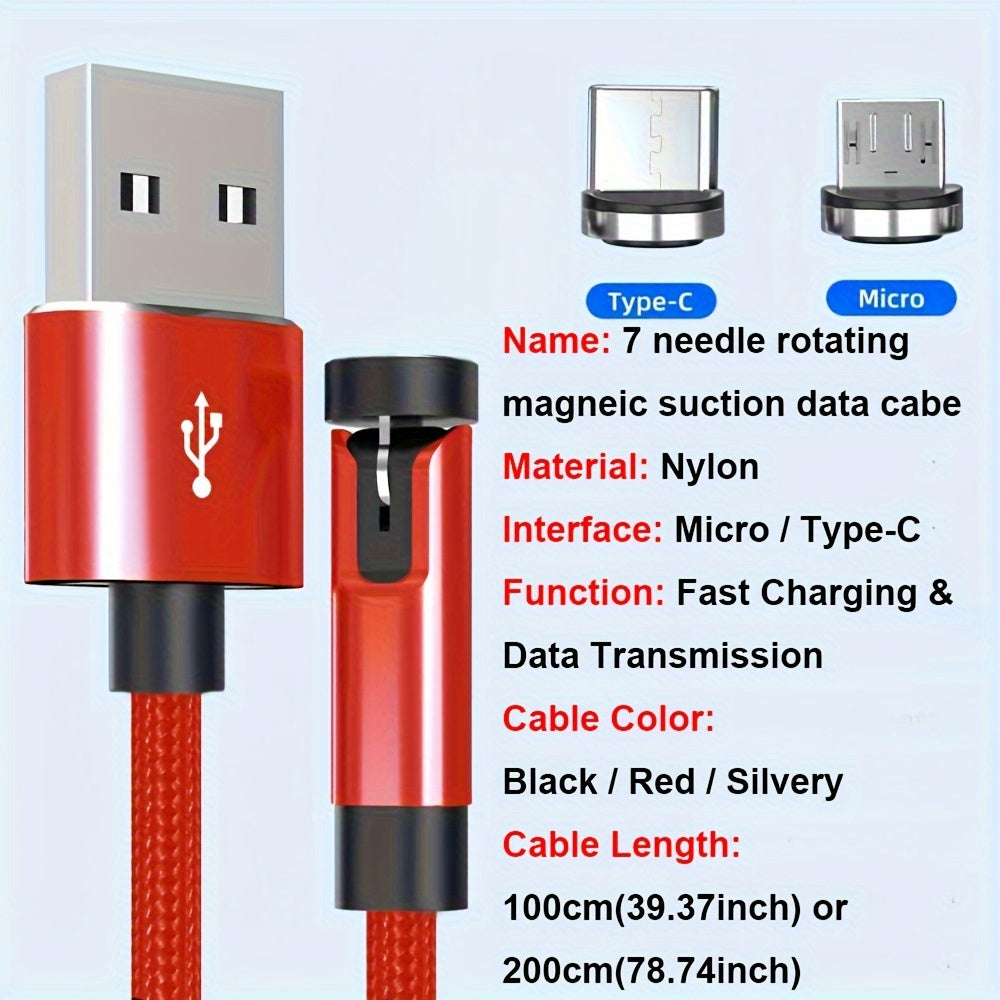 60W USB Type-C Micro Charging Cable with Magnetic Rotating Connector Nylon Braid Data Transfer