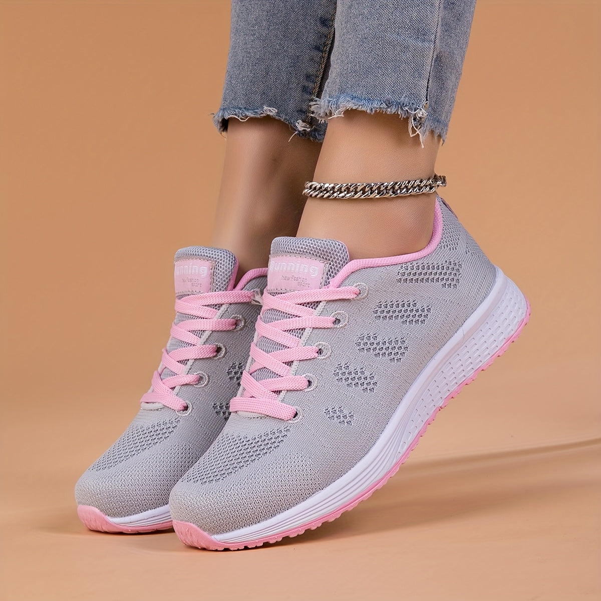 Women's Breathable Mesh Running Shoes Casual Sneakers Pink Gray Lightweight