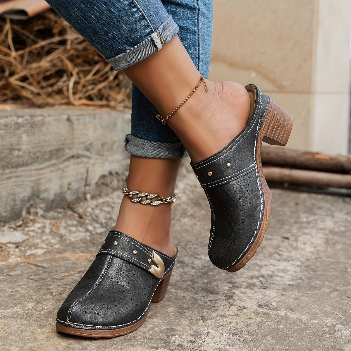 Women's Floral Pattern Clogs Soft Sole Slip-On Mules with Chunky Heel