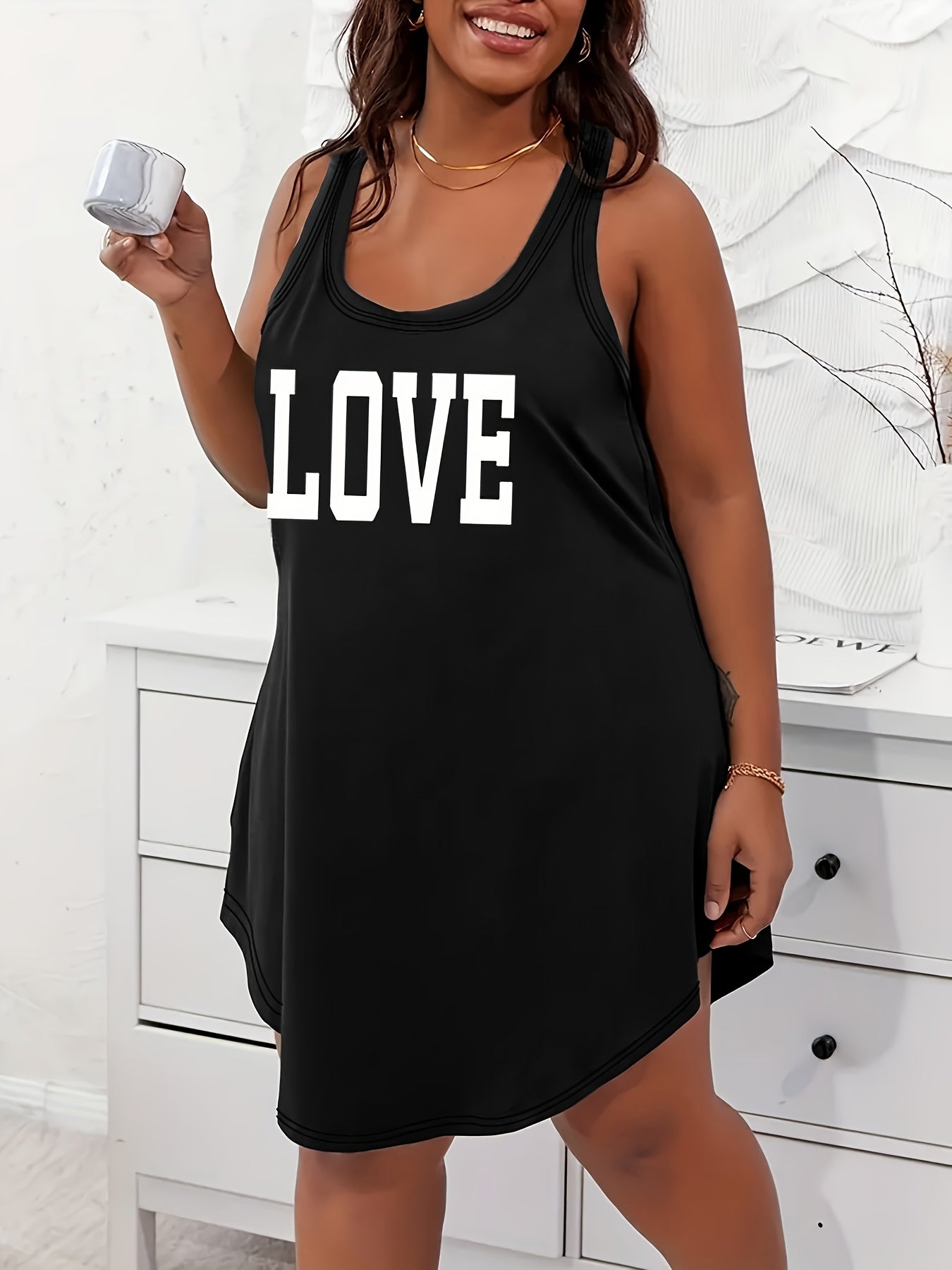 Plus Size Women's Maroon Love Letter Print Sleeveless Sleepshirt Nightgown Lounge Dress