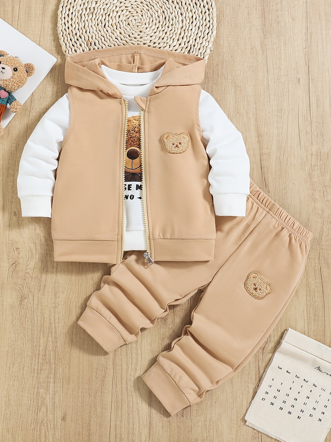 Boys Children's Embroidered Bear 3-Piece Knit Clothing Set for Spring Fall Outdoor
