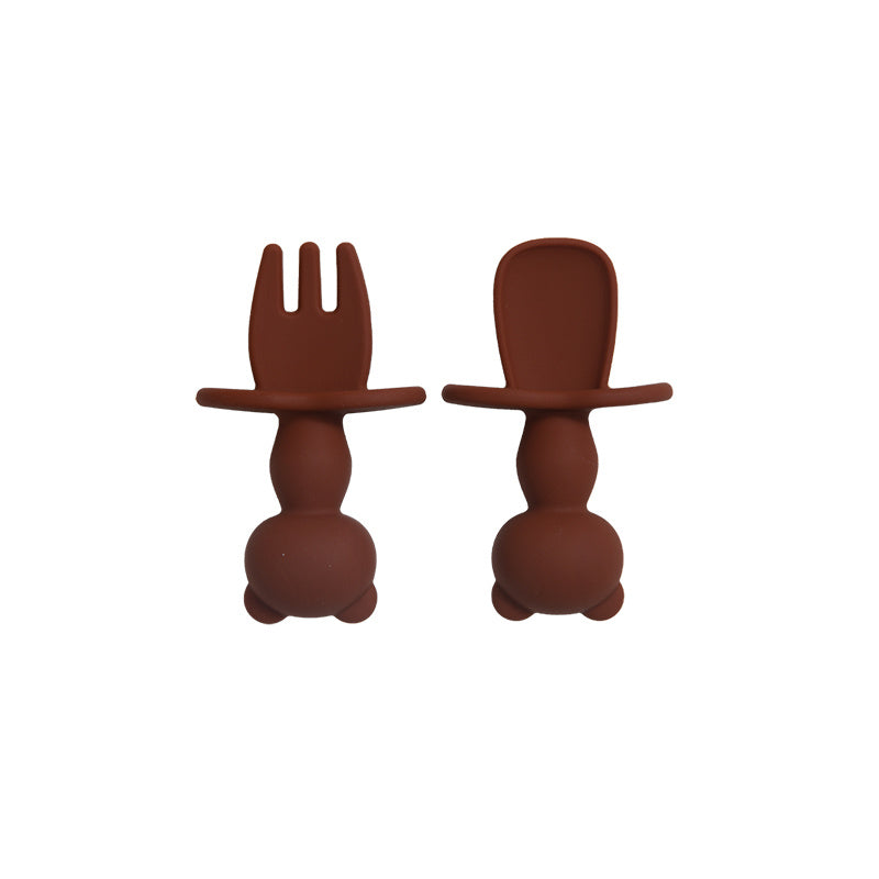 Juego de alimentación para bebé de 2 piezas, tenedor y cuchara de silicona Panda, suave, libre de BPA, vajilla para niños pequeños