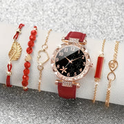 6-Piece Quartz Watch Set with Rhinestones Faux Leather Bracelets for Women