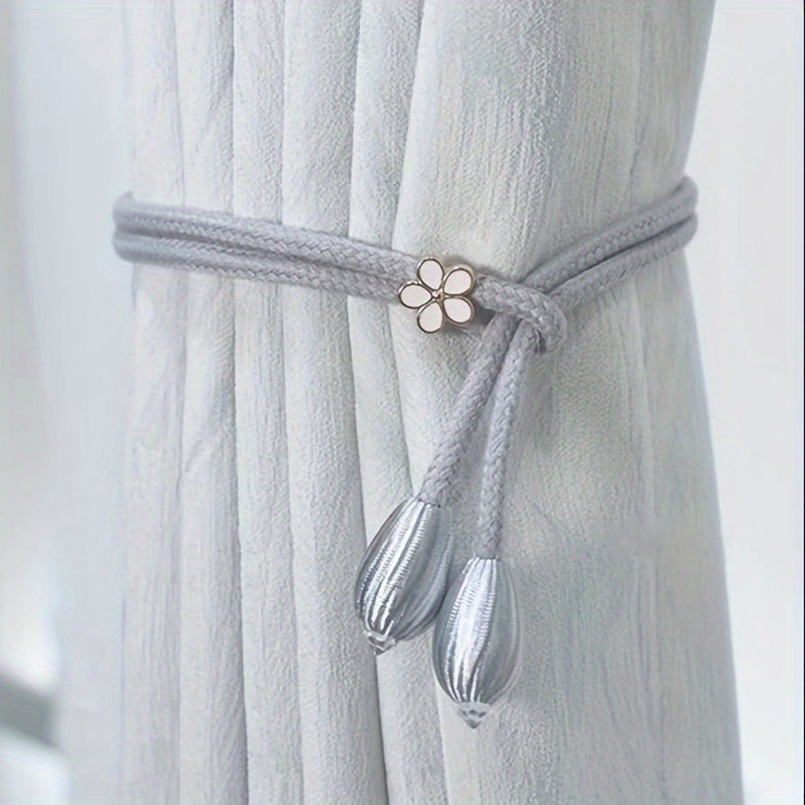 Boho Style Polyester Curtain Tiebacks with Adjustable Rope and Floral Buckle Set