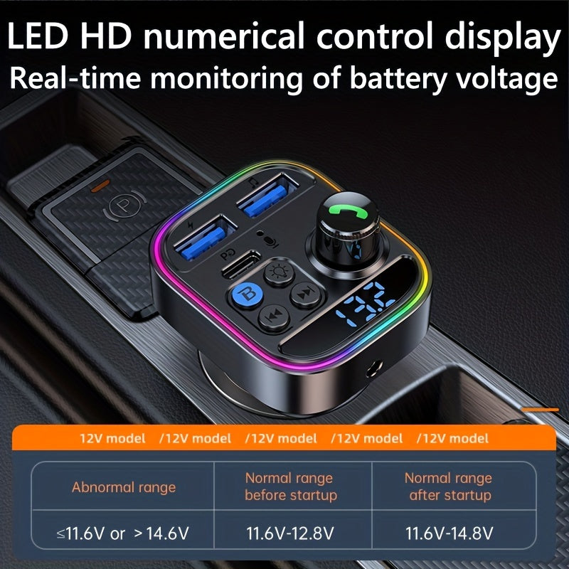 Car FM Transmitter Wireless Charger with Bluetooth Handsfree and Ambient Lights