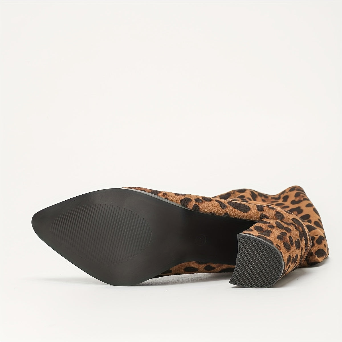 Plus-Size Leopard Print Knee-High Boots Women Faux Leather Block Heel Slip-On