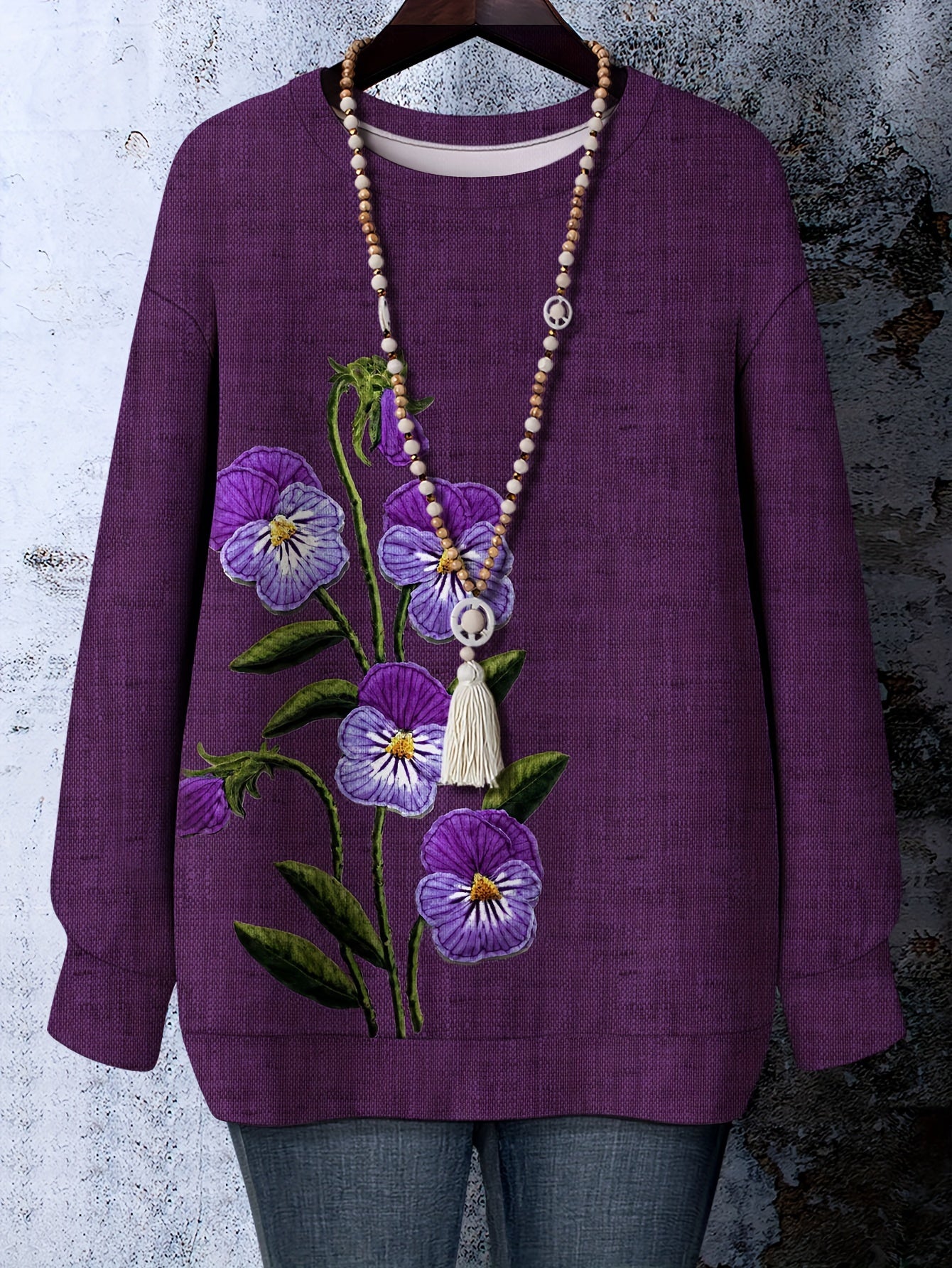 Plus Size Women's Casual Crewneck Sweatshirt With Floral Print Purple Green Botanical