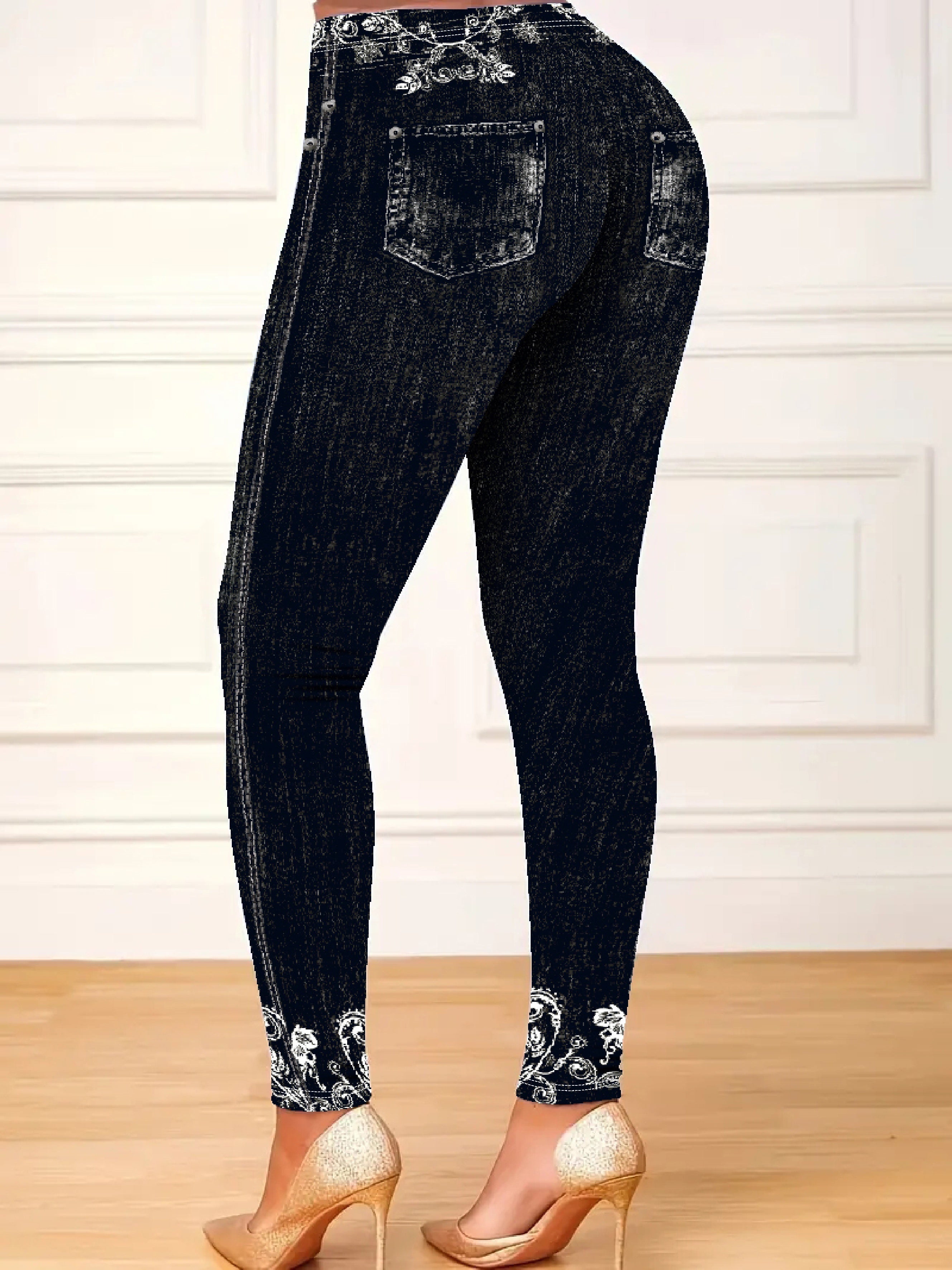 Plus Size Women's Stretchy Butterfly and Denim Print High Waist Leggings