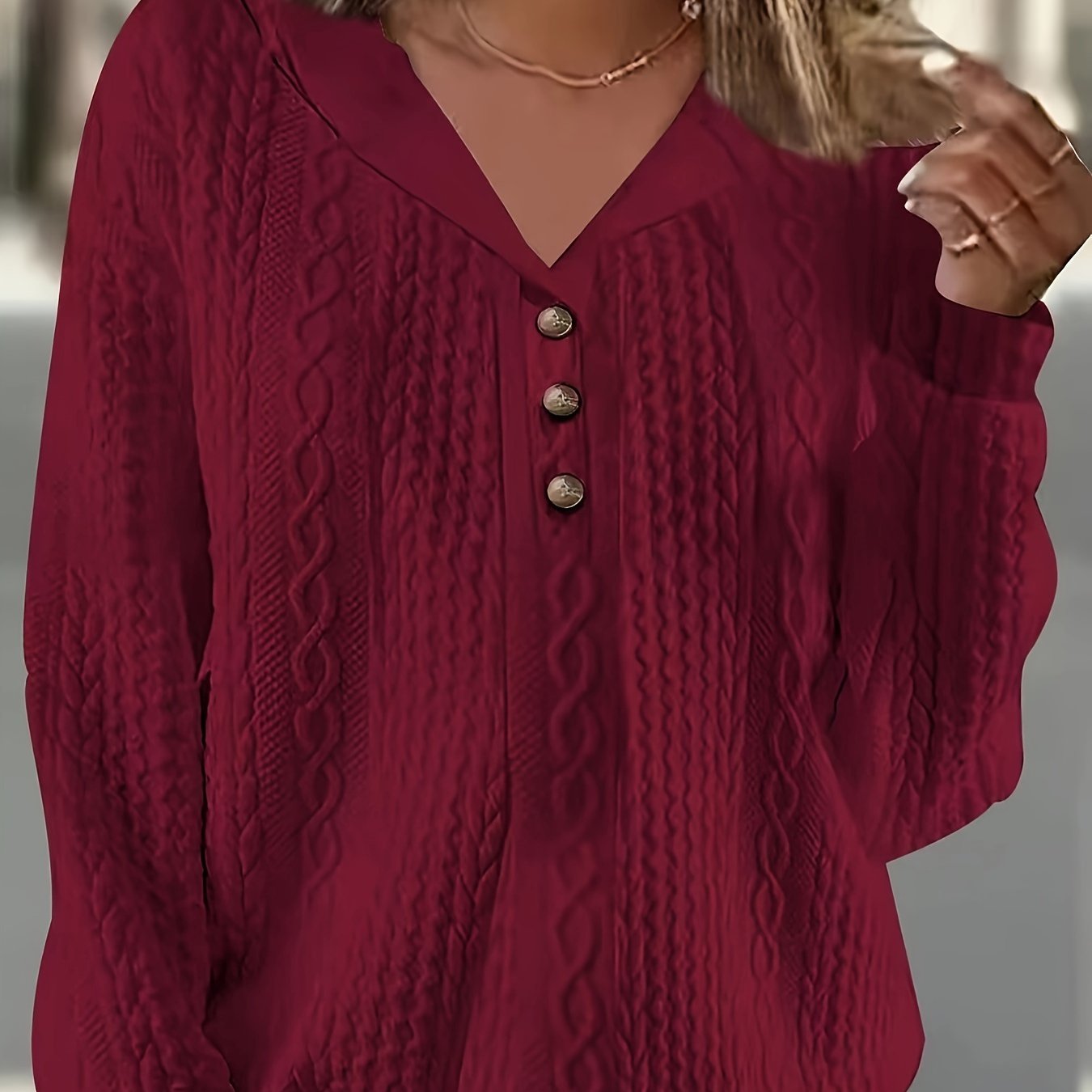 Plus Size Women's Solid Jacquard Long Sleeve Hooded Sweatshirt