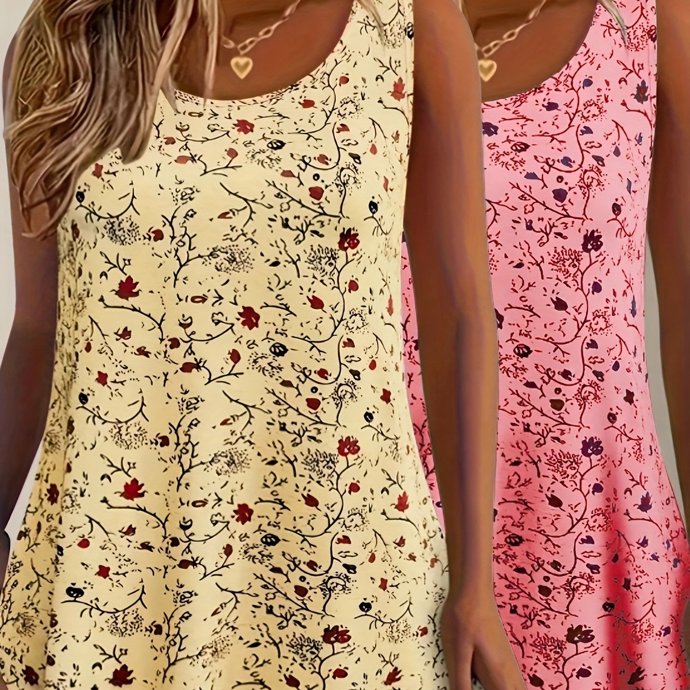 Women’s Floral Print Tank Tops 2 Pack Stretchy Polyester Summer Vests Red Blue