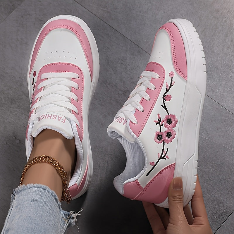 Women's Embroidered Pink and White Casual Sneakers with Floral Design