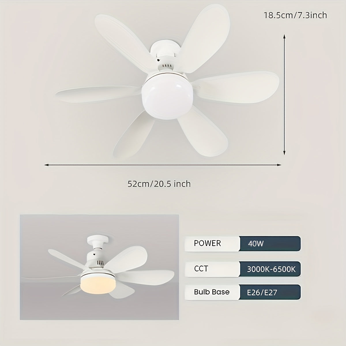 E27 Smart Home Ceiling Fan Light with Remote Control for Indoor Rooms