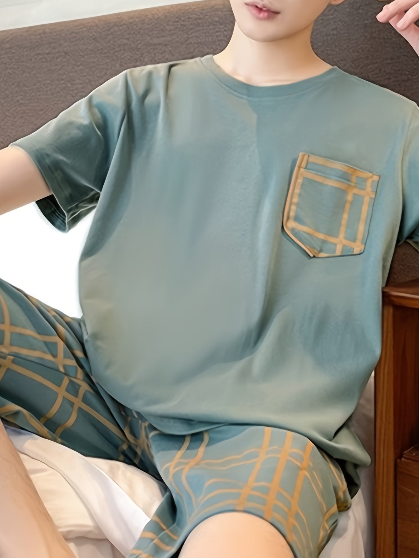 Мужской летний пижамный комплект с зеленой клеткой, короткий рукав, футболка и шорты, удобные и моющиеся в машине