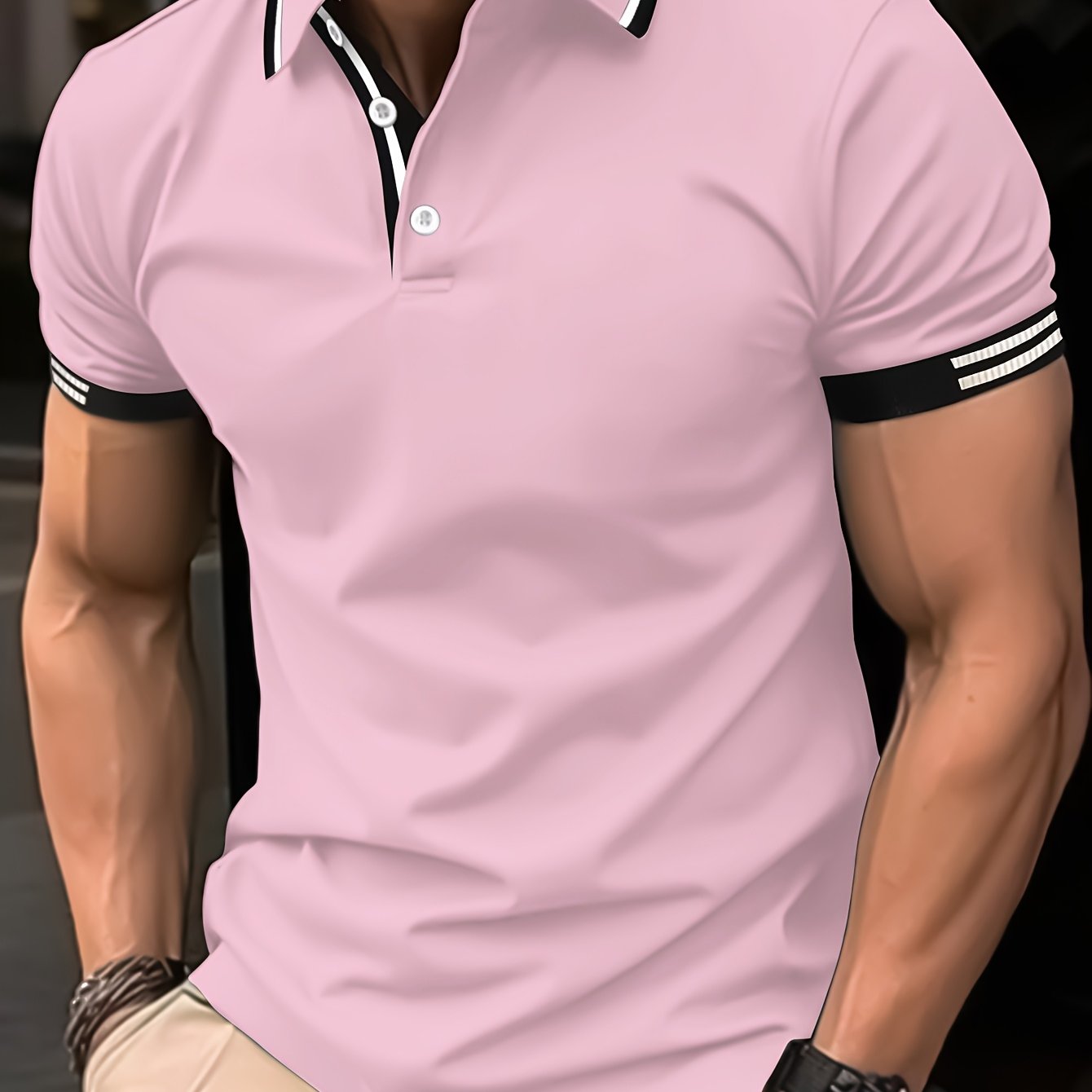 Men's Striped Polo Shirt Breathable Casual Short Sleeve Polyester