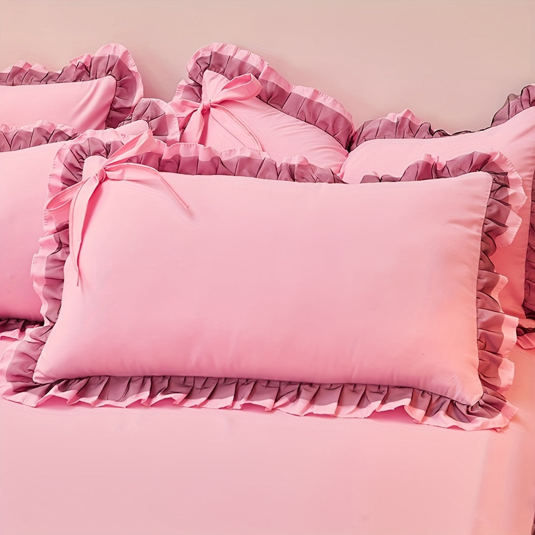 Soft Solid Color Brushed Envelope Pillowcase with Lotus Leaf Lace for Sofa Bed