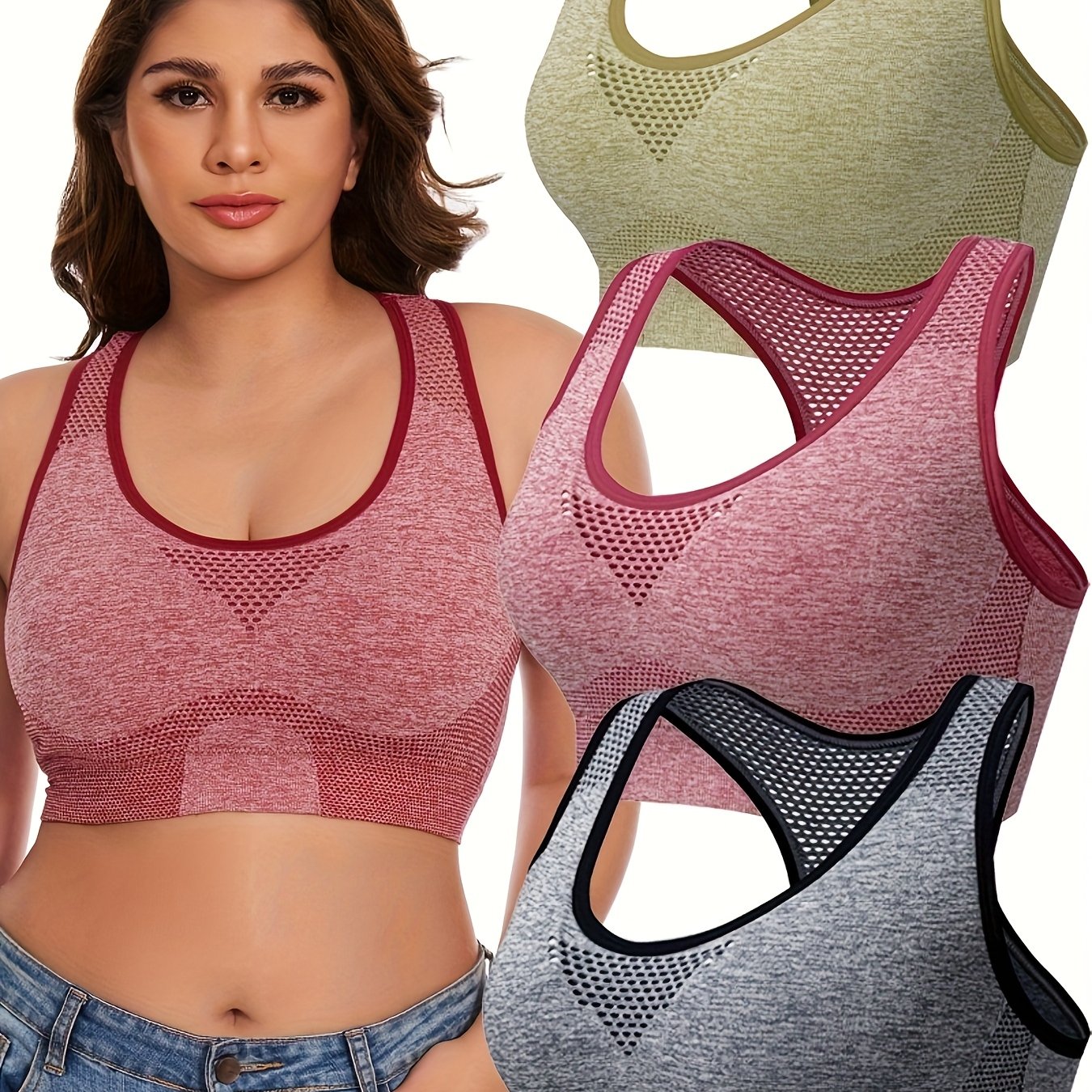 Women's Seamless Hollow-Out Sports Bras 3 Pack Breathable Nylon Yoga Top