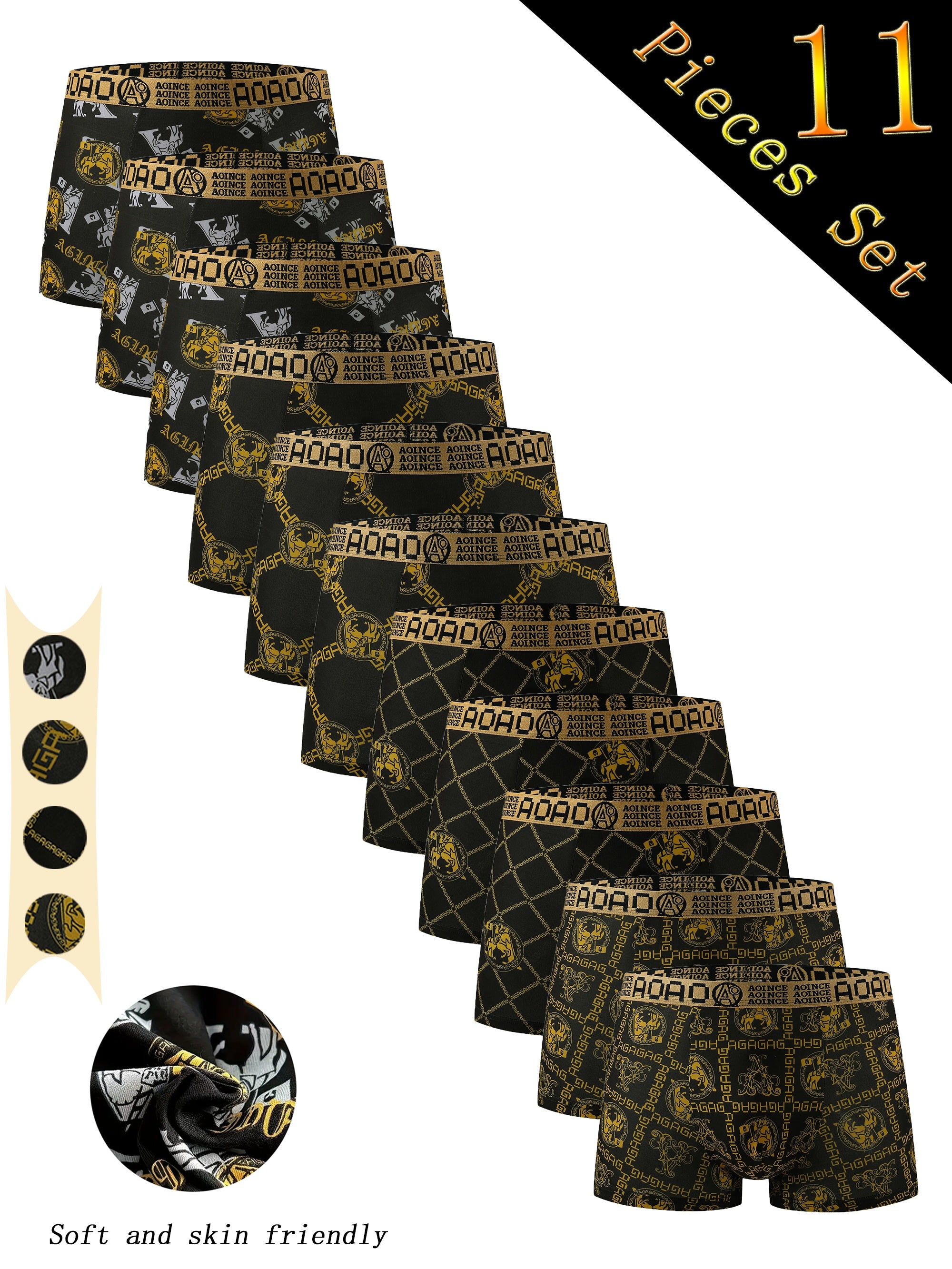Men's Boxer Briefs Set 11 Black and Gold Geometric Pattern Breathable Polyester Spandex