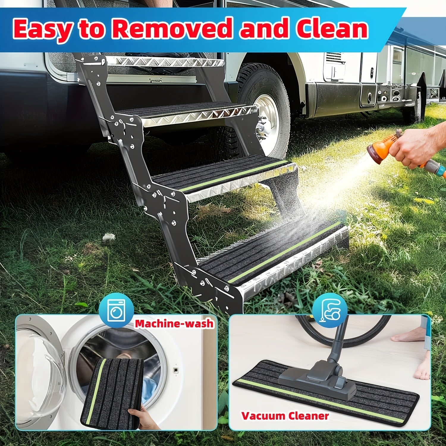 Juego de 3 piezas de cubiertas para escalón de RV, negro, poliéster, con tiras reflectantes duraderas, accesorios para acampar