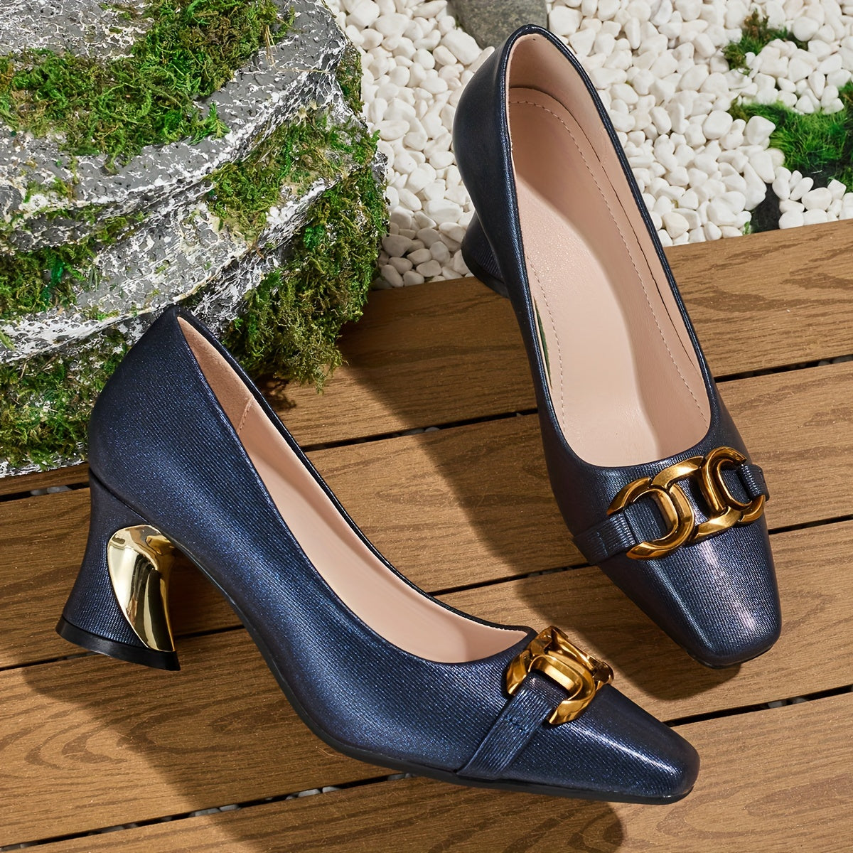 Women's Casual Square-Toed High Heels with Metal Buckles and Chunky Heels