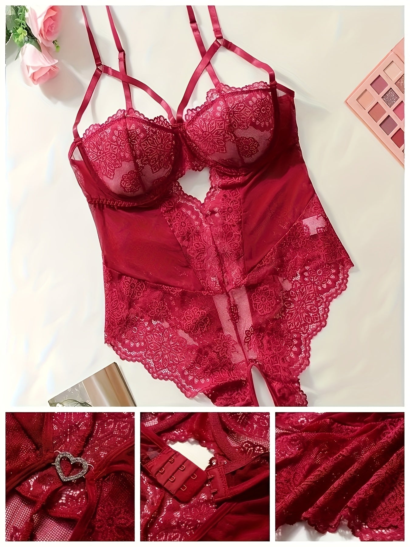 Conjunto de lencería sexy de encaje para mujer, con espalda abierta y borde festoneado, talla grande