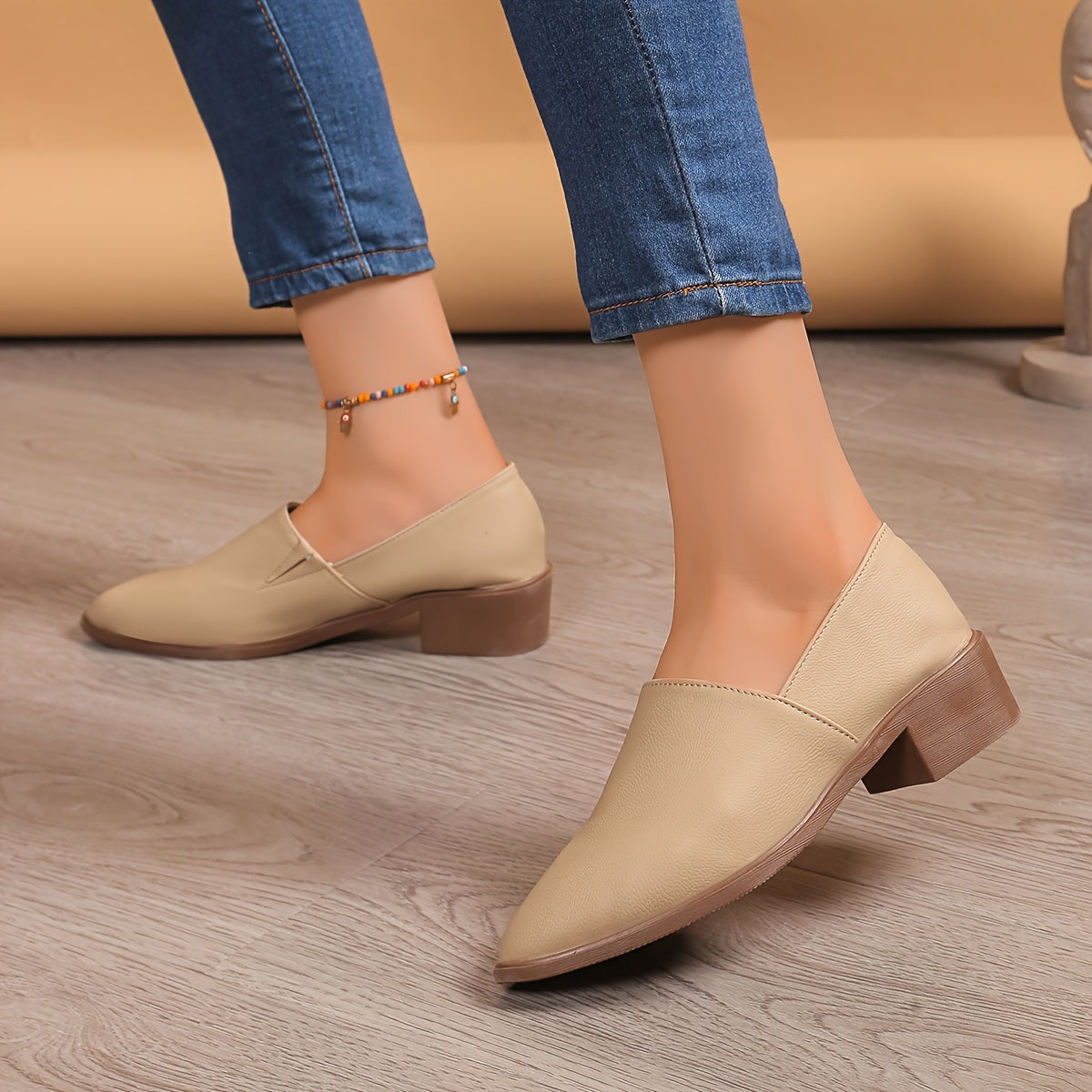 Women's Apricot Faux Leather Pointed Toe Loafers with Chunky Heel